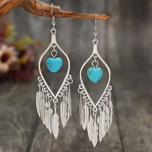 New - Boho Feather Tassel Heart Turquoise Dangle Earrings